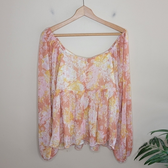 Everyday Chic Boutique | Peach Yellow Floral Print Boho Blouse Size Large - Picture 6 of 6